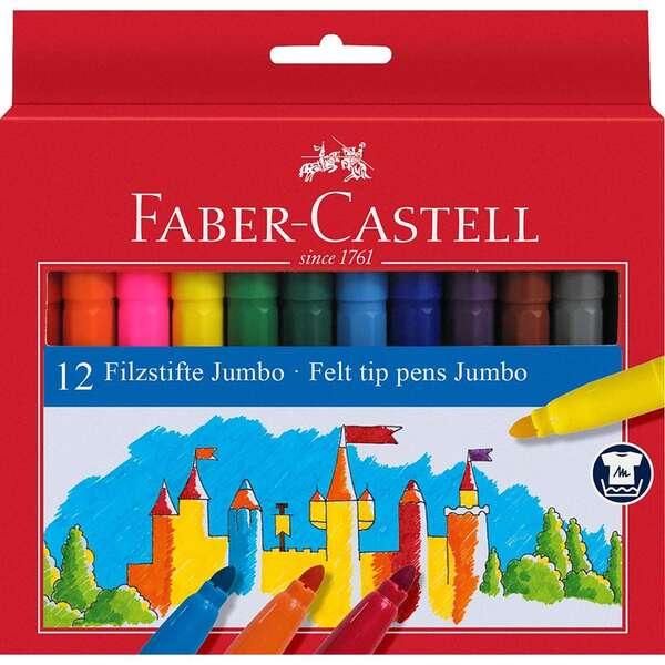 Faber-Castell Jumbo Confezione da 12 Pennarelli Punta Spessa - Inchiostro Lavabile a Base d'Acqua - Colori Assortiti