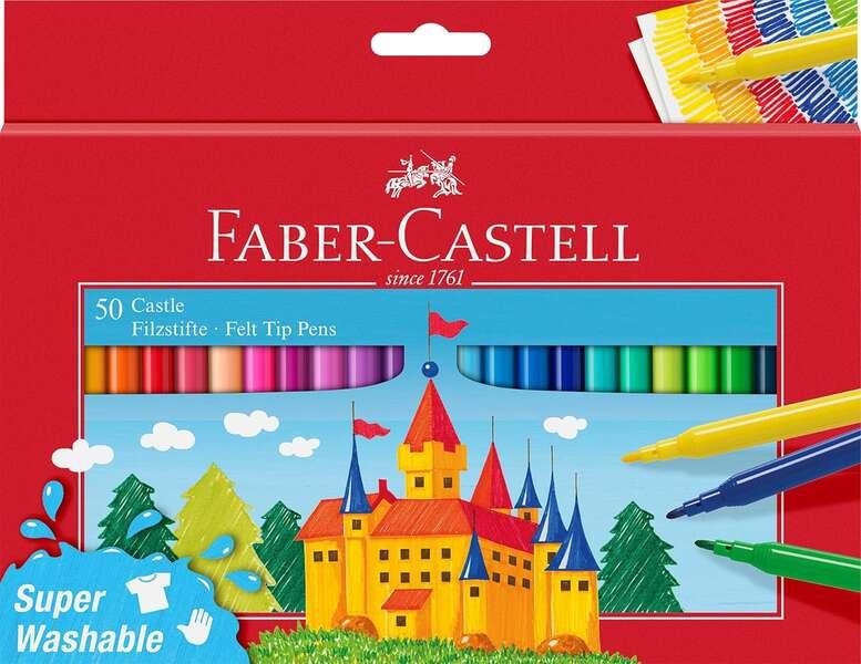 Faber-Castell Castle Confezione da 50 pennarelli - Inchiostro lavabile a base d'acqua - Colori assortiti