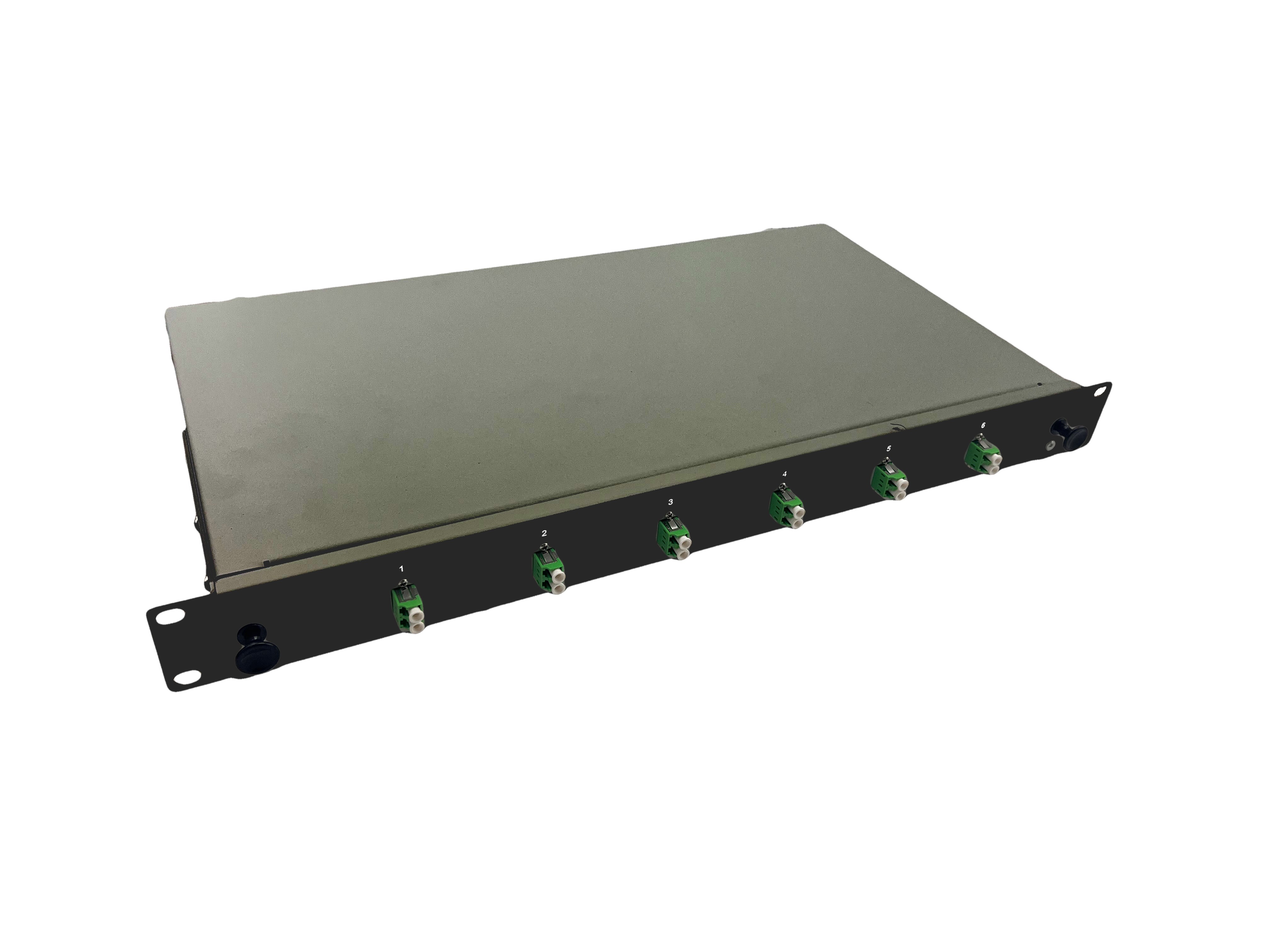 Scatola di giunzione Helos LWL 19" 6 x LC/APC Duplex OS2, pronta per la giunzione, nera