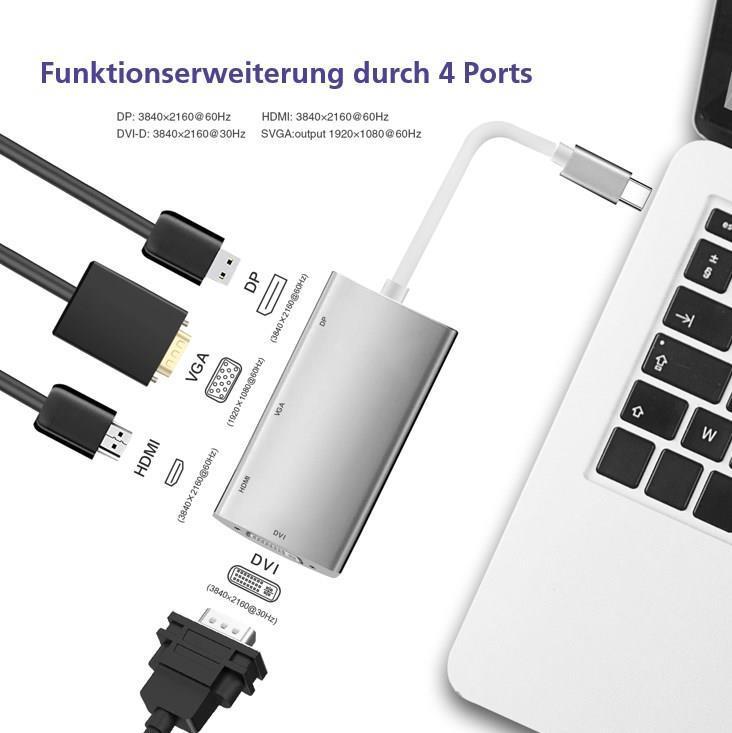 Docking station Helos, USB 3.1 Type-C St./DP/HDMI/DVI/VGA Bu, PREMIUM 4K, argento