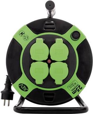 Rev Rev H05RR -F 3G1.5 - Roll di estensione - AC 230 V - 3000 watt - Collegamenti di uscita: 4 - 25,0 m - nero, verde (00102154