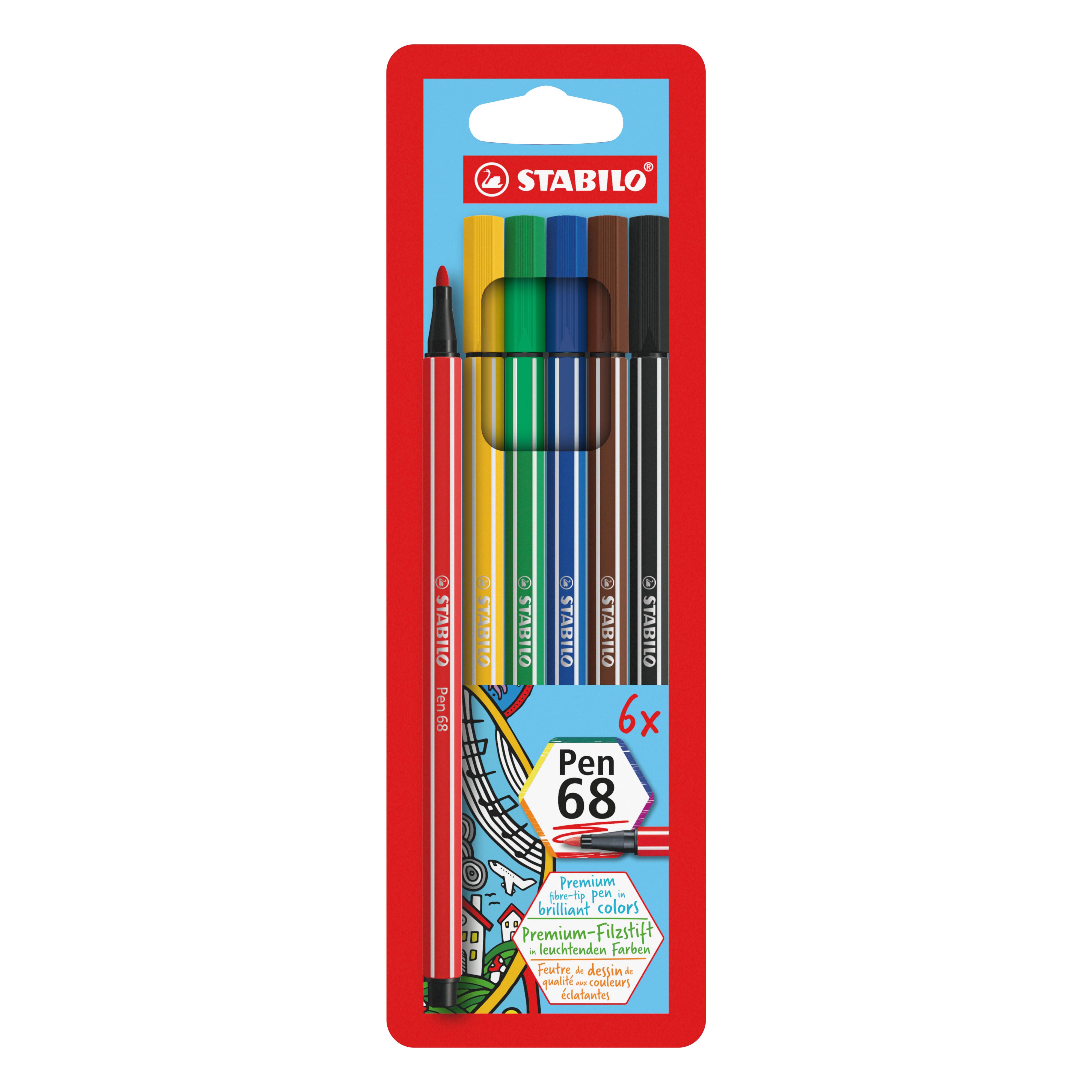 STABILO Pen 68 marcatore Blu Verde Arancione Rosa Rosso Giallo 6 pz