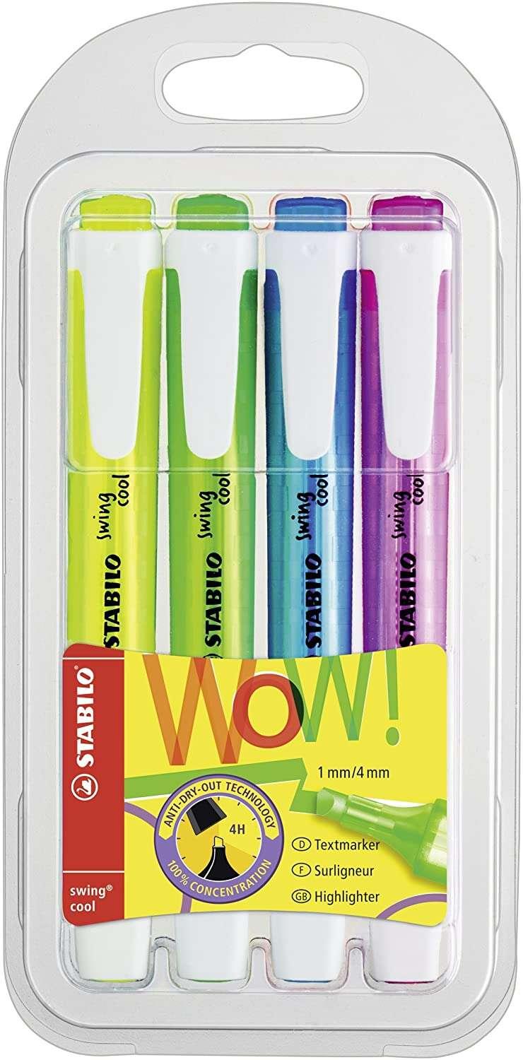 STABILE Swing Pacco fresco di 4 marcatori fluorescenti - corpo piatto - punta smussata - corsa tra 1 e 4 mm - inchiostro a base