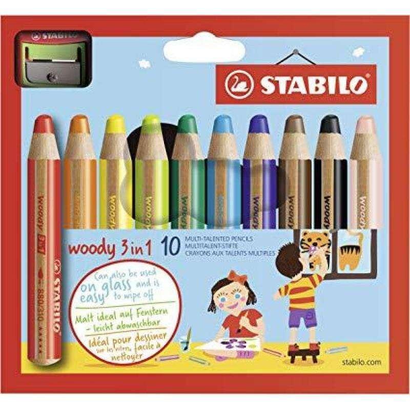STABILO woody 3 in 1 Multi 10 pz (STABILO woody 3 in 1 Colouring Pencil and Sharpener Set Assorted Colours Pack 10 - 880/10-2)