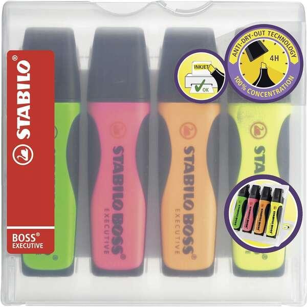 Stabilo Boss Executive Confezione da 4 Pennarelli Fluorescenti - Zona di Presa - Linea tra 2 e 5 mm - Ricaricabile - Inchiostro