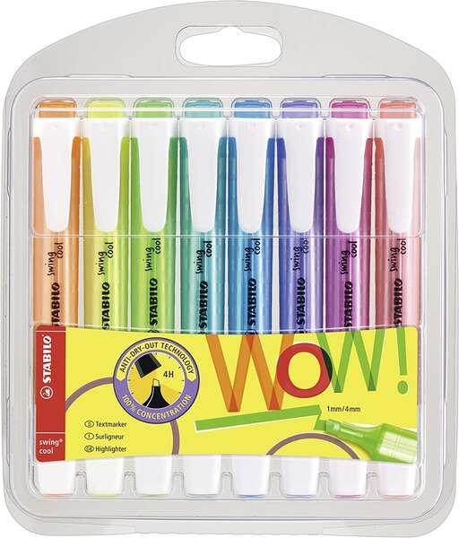 STABILE Swing Pacco fresco di 8 marcatori fluorescenti - corpo piatto - punta di bevelar - corsa tra 1 e 4 mm - inchiostro a ba