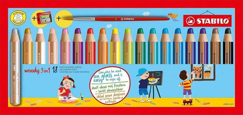 STABILO Woody 3 in 1 Multicolore 18 pz (STABILO woody 3 in 1 Colouring Pencil Paint Brush and Sharpener Set Assorted Colours Pa