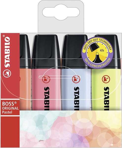 STABILO Evidenziatore - BOSS ORIGINAL Pastel - Astuccio da 4 - Rosso Corallo Fior di Ciliegio Azzurro Nuvola Lime