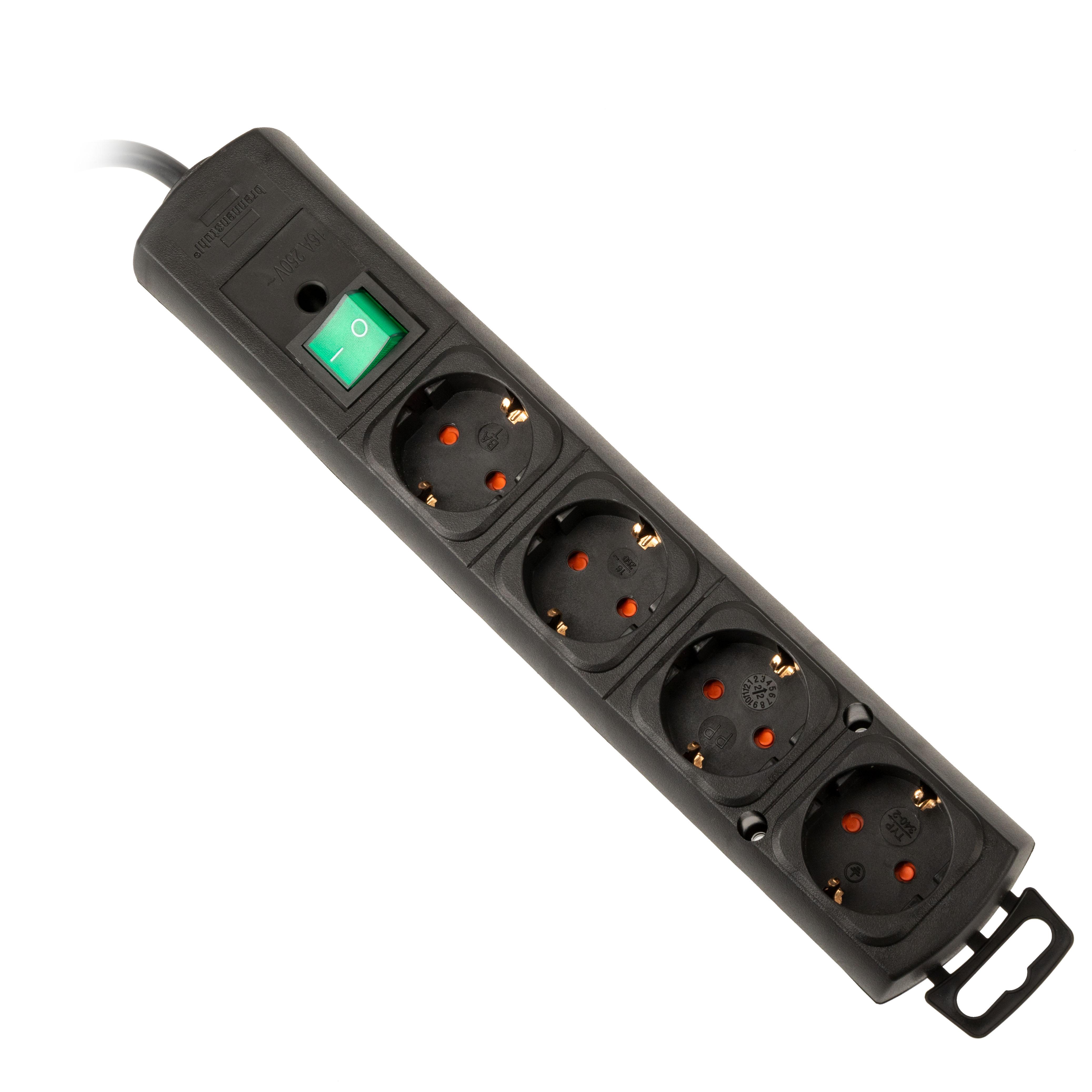 SOCKET STRIP COMFORT LINE 4-WAY - BLACK FLAT PLUG WITH SWITCH