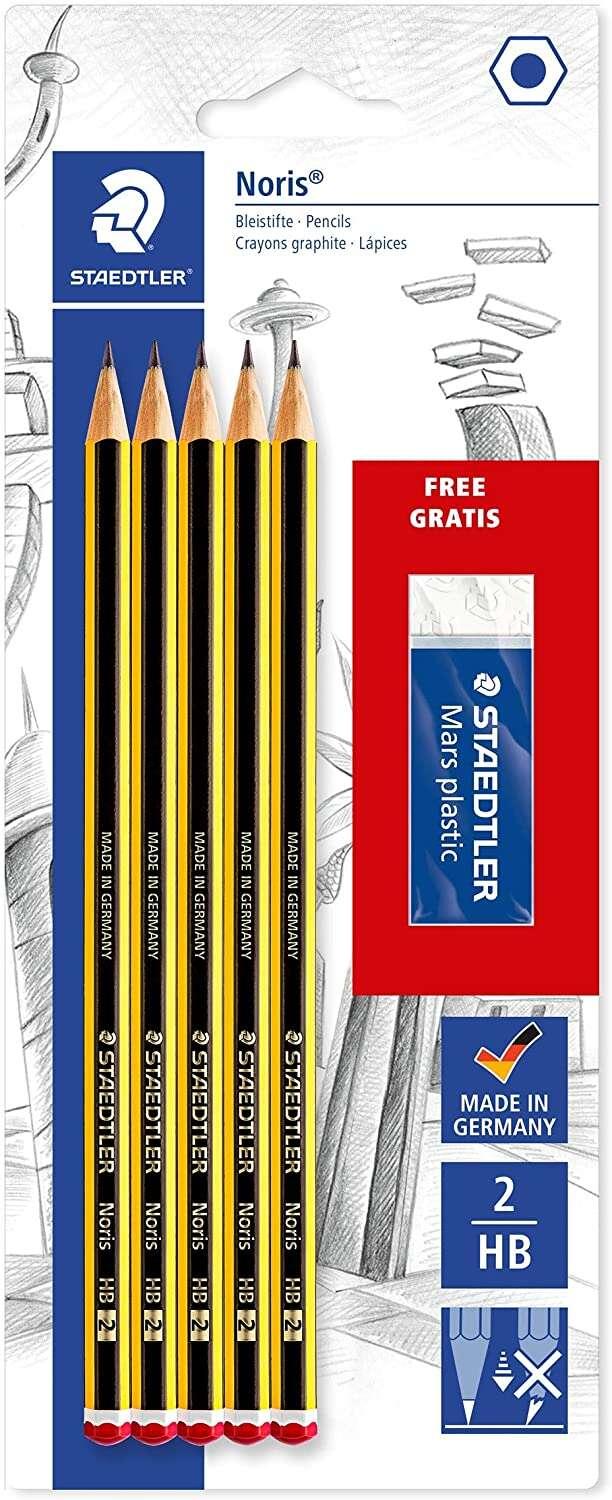 STAEDTLELER NORIS 120 Pacchetto di 5 penne di grafite esagonale 2HB 1 Elimina Mars di gomma Plastica - Legno di foresta sosten