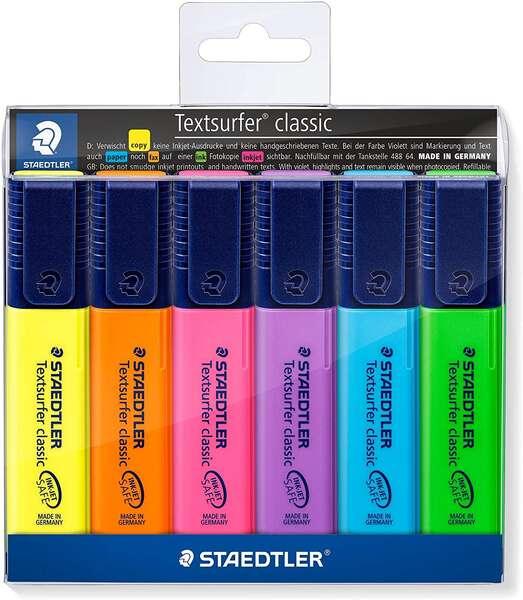 STAEDTLELER TEXTSURFER CLASSE CLASSIC 364 6 pennarelli fluorescenti - asciugatura rapida - corsa 1 - 5 mm ca.