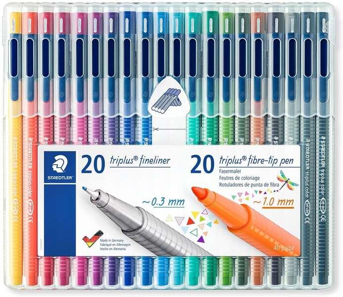 Triplus Staedtleler confezione da 20 pennarelli punta fine 03 mm 20 pennarelli in fibra Punta 1 mm - Cappuccio con clip - Colo