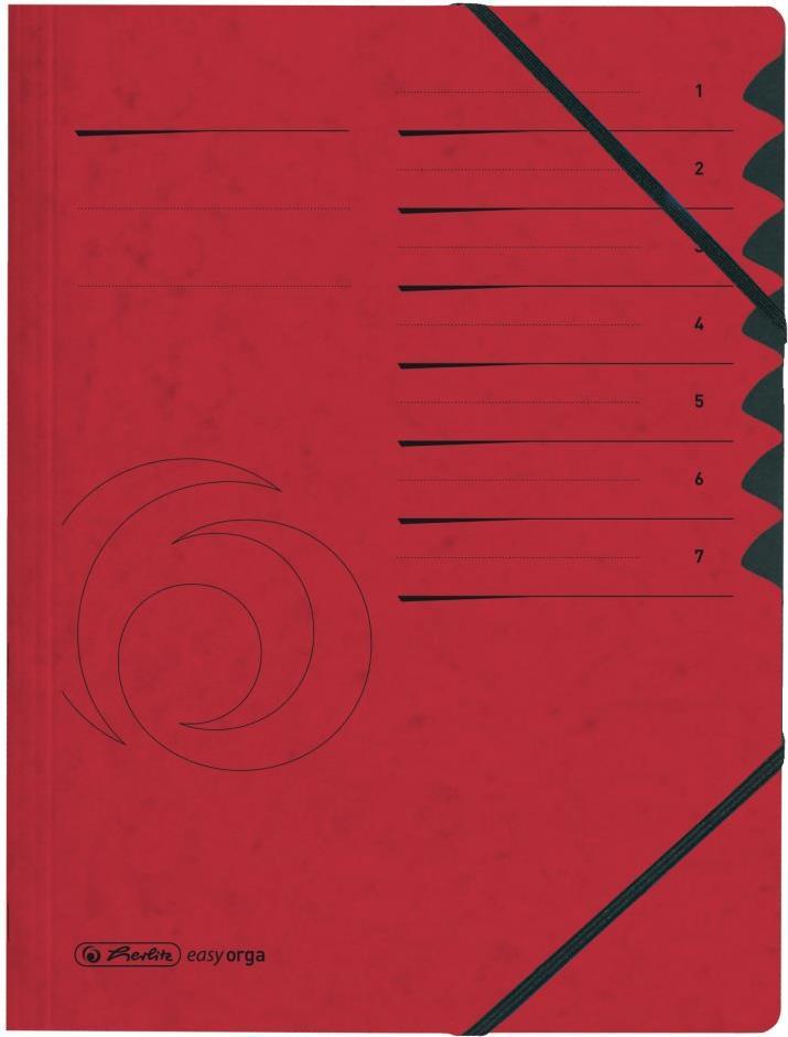 Cartella di ordini Herlitz Easyorga, A4, cartone, 7 compartimenti, scatola di span di colore rosso, 355 g-sq, interno di carton