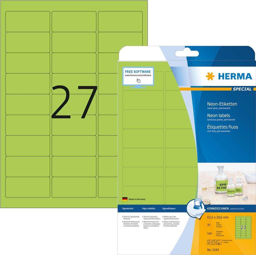 Speciale Herma - Adesione permanente, tappetino, etichette di carta fluorescente - verde luminoso - 63,5 x 29,6 mm - 540 etiche