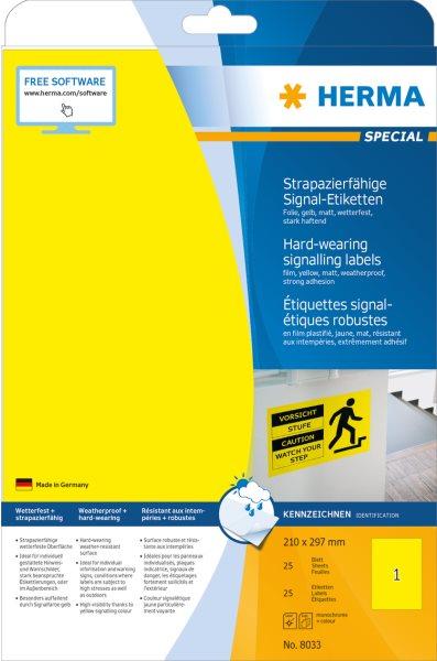 Speciale HERMA - Etichette autoadesive in film opaco - giallo - A4 (210 x 297 mm) 25 pezzi. (8033)