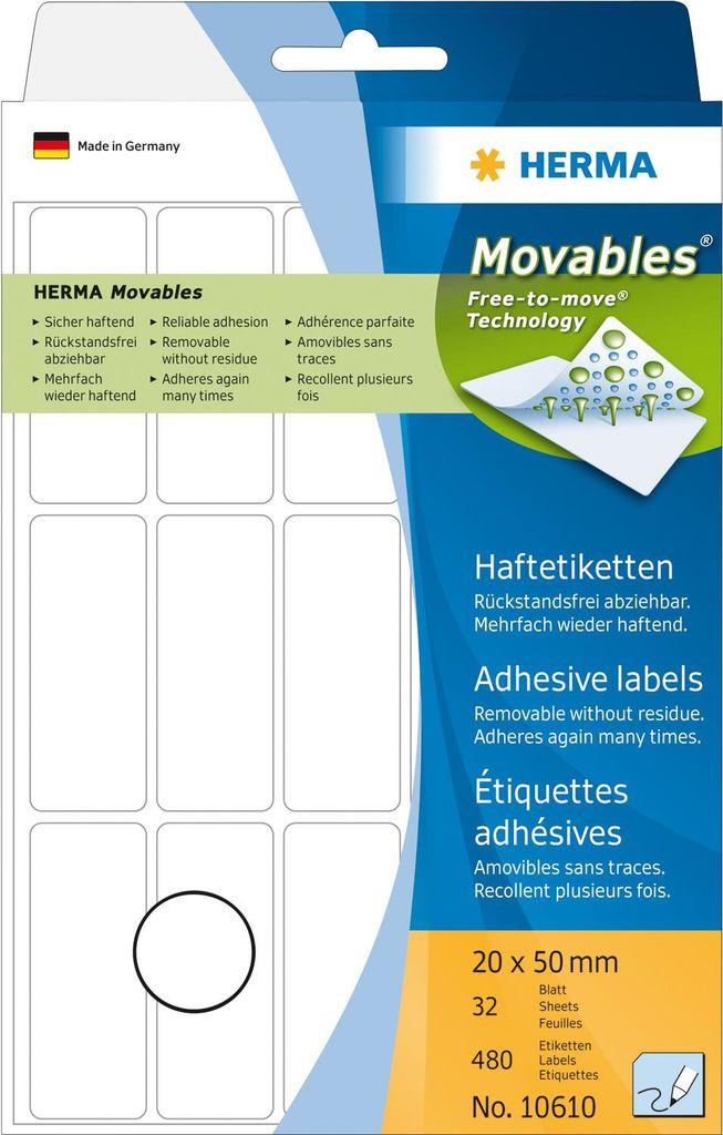 HERMA Movables - Etichette autoadesive rimovibili opaco - bianco - 20 x 50 mm - 480 etichetta(e) (32 fogli x 15) - (10610)