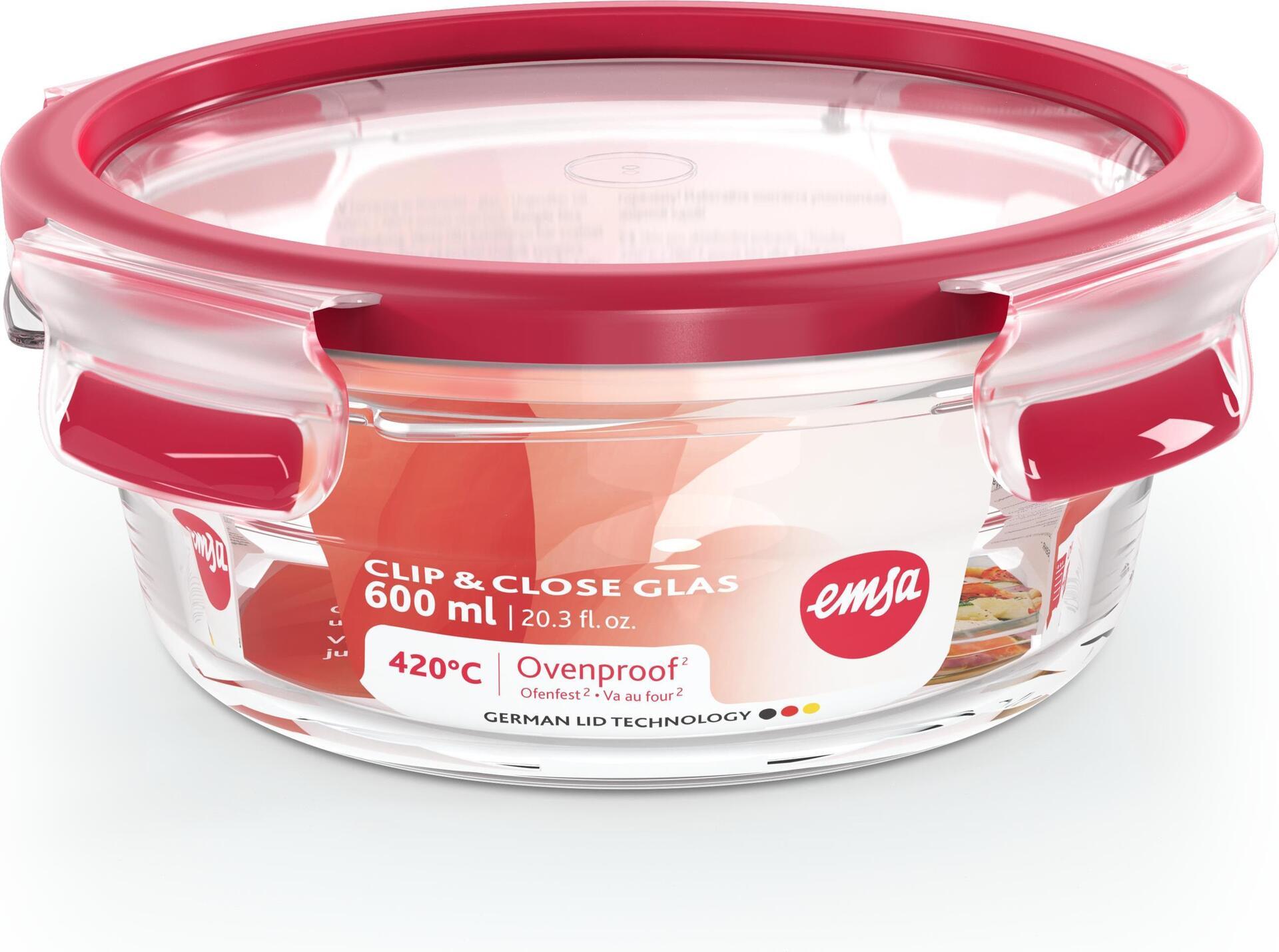 Emsa N10403 Clip & Close contenitore in vetro per alimenti, rotondo, 0,6 l, trasparente/rosso