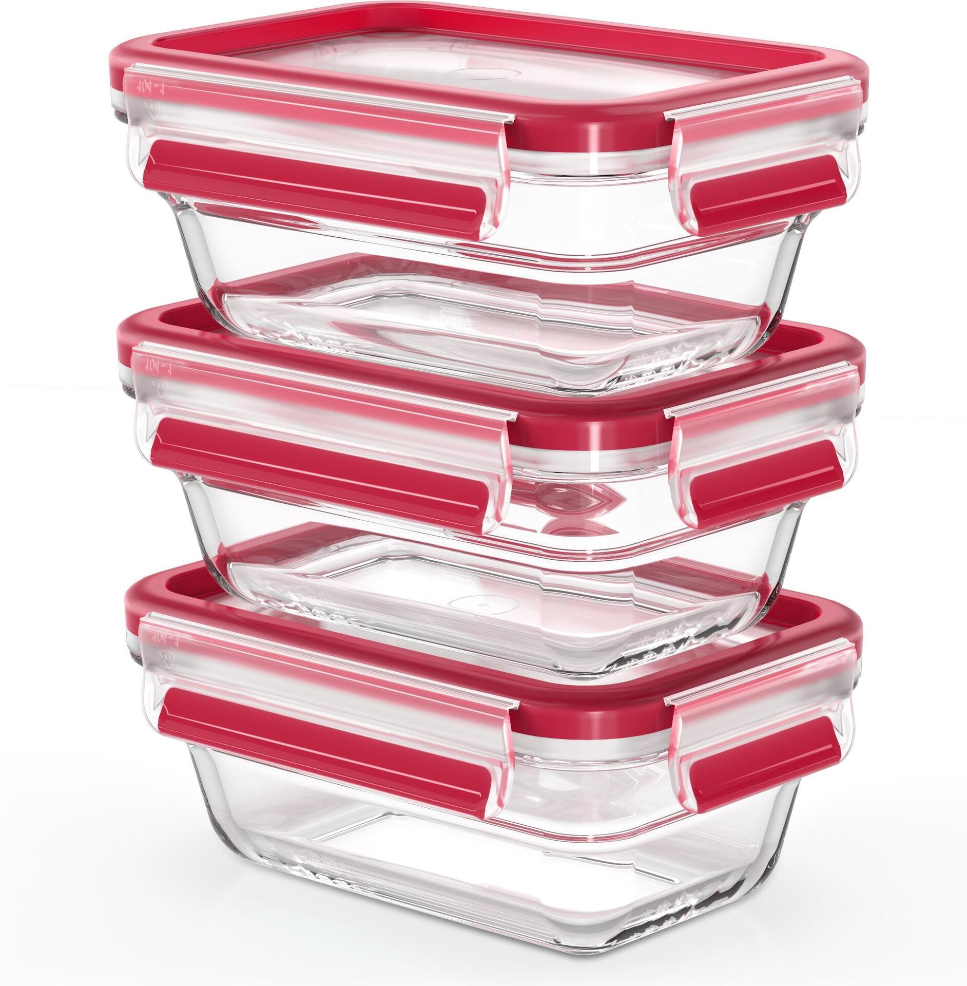 Emsa N10511 Clip & Close contenitori in vetro per alimenti, set da 3 pezzi, trasparente/rosso