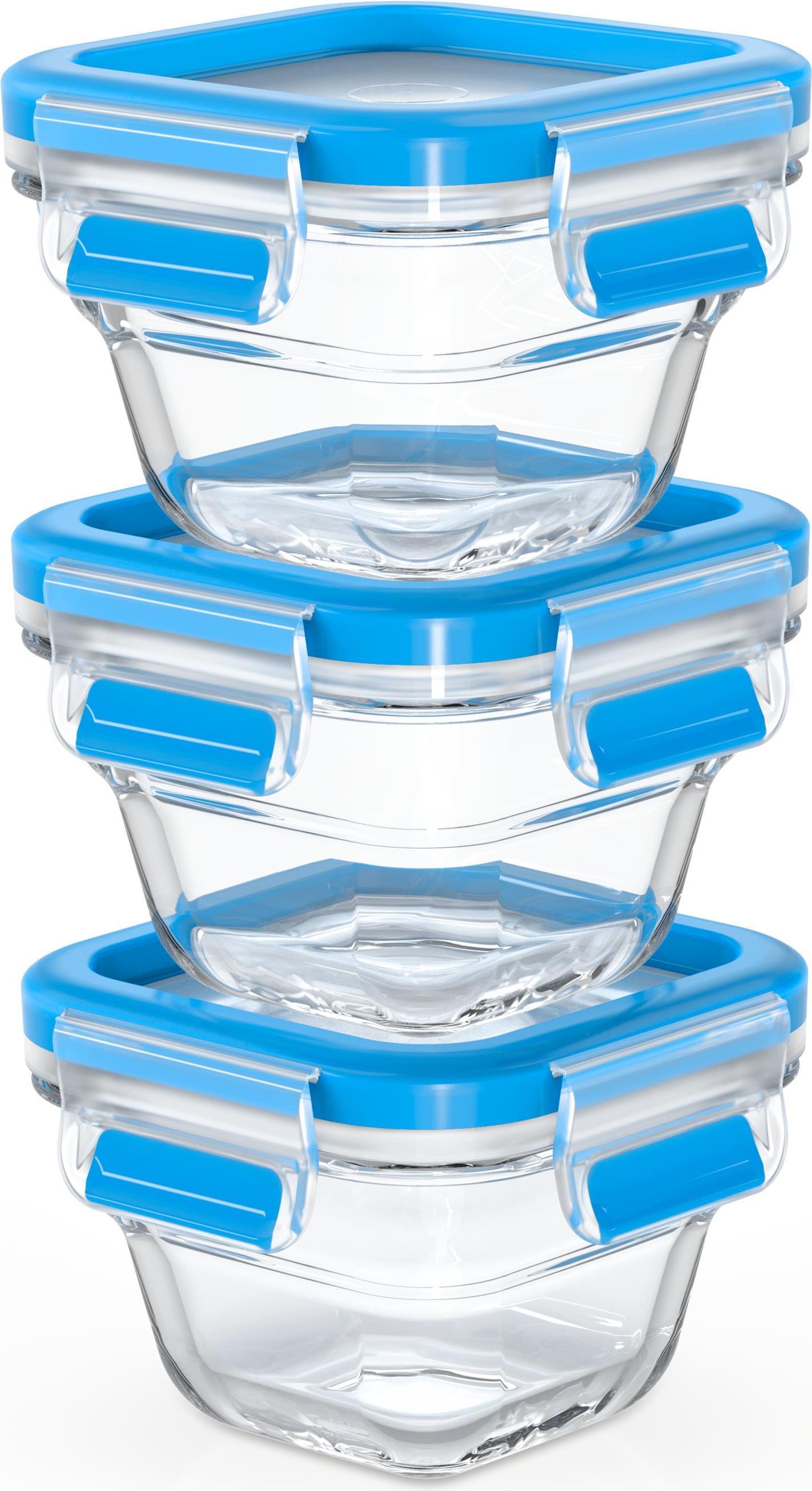 Emsa N10507 Clip & Close contenitori in vetro per alimenti, set da 3 pezzi, trasparente/blu