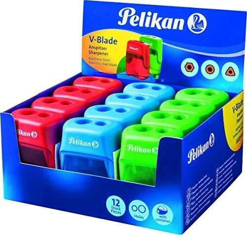 Espositore Pelikan da 12 temperamatite con lama a V a doppio foro deposito - Due fori e deposito - Disponibile in blu rosso e