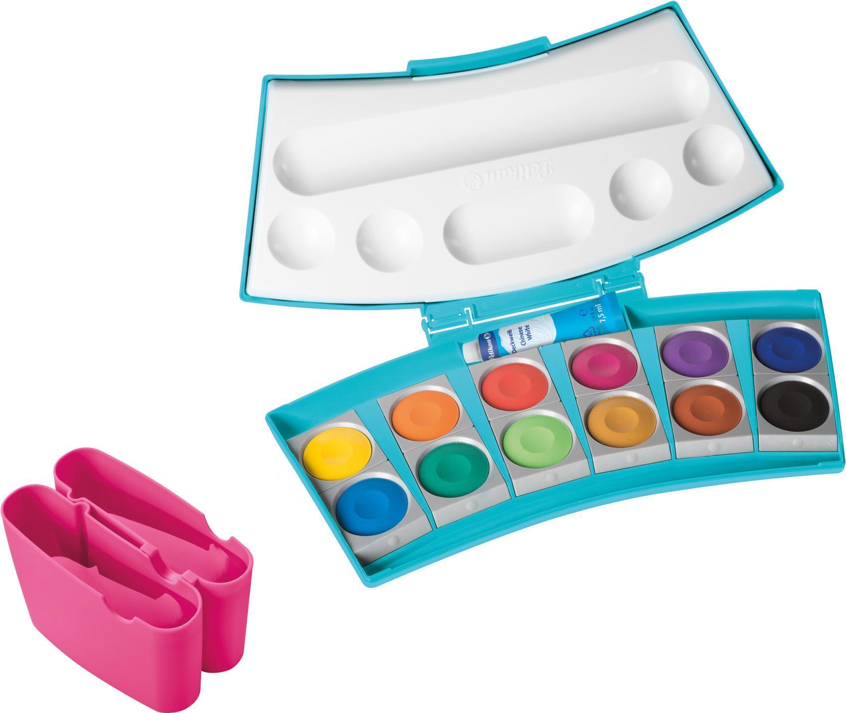 Scatola acquarelli Pelikan turchese, rosa 2 scatole acqua + bianco opaco e 12 colori