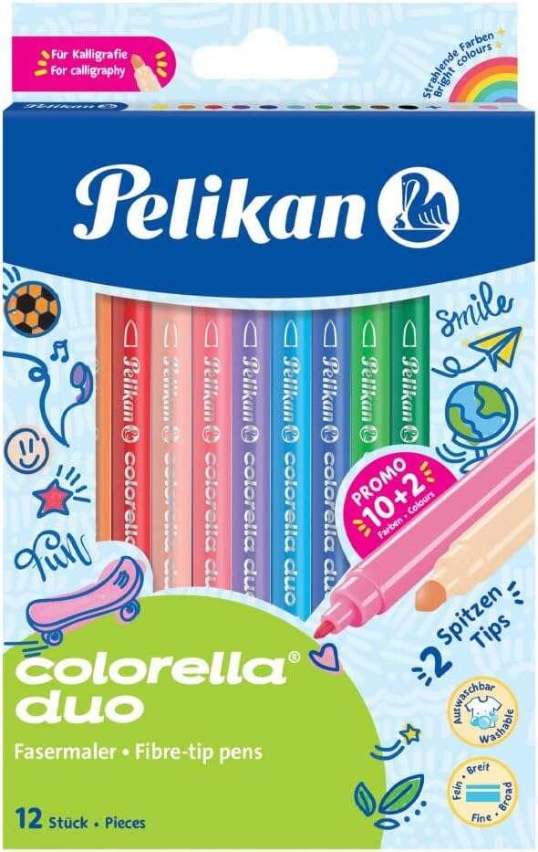 Pelikan Scatola da 12 Pennarelli Scuola Colorella Duo C407 10+2 Colori - Doppia Punta Fine 1mm e Spessa 2mm - Lavabili