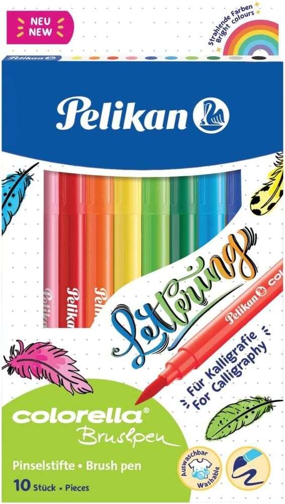 Confezione da 10 pennarelli Pelikan - Punta a pennello - Lavabili