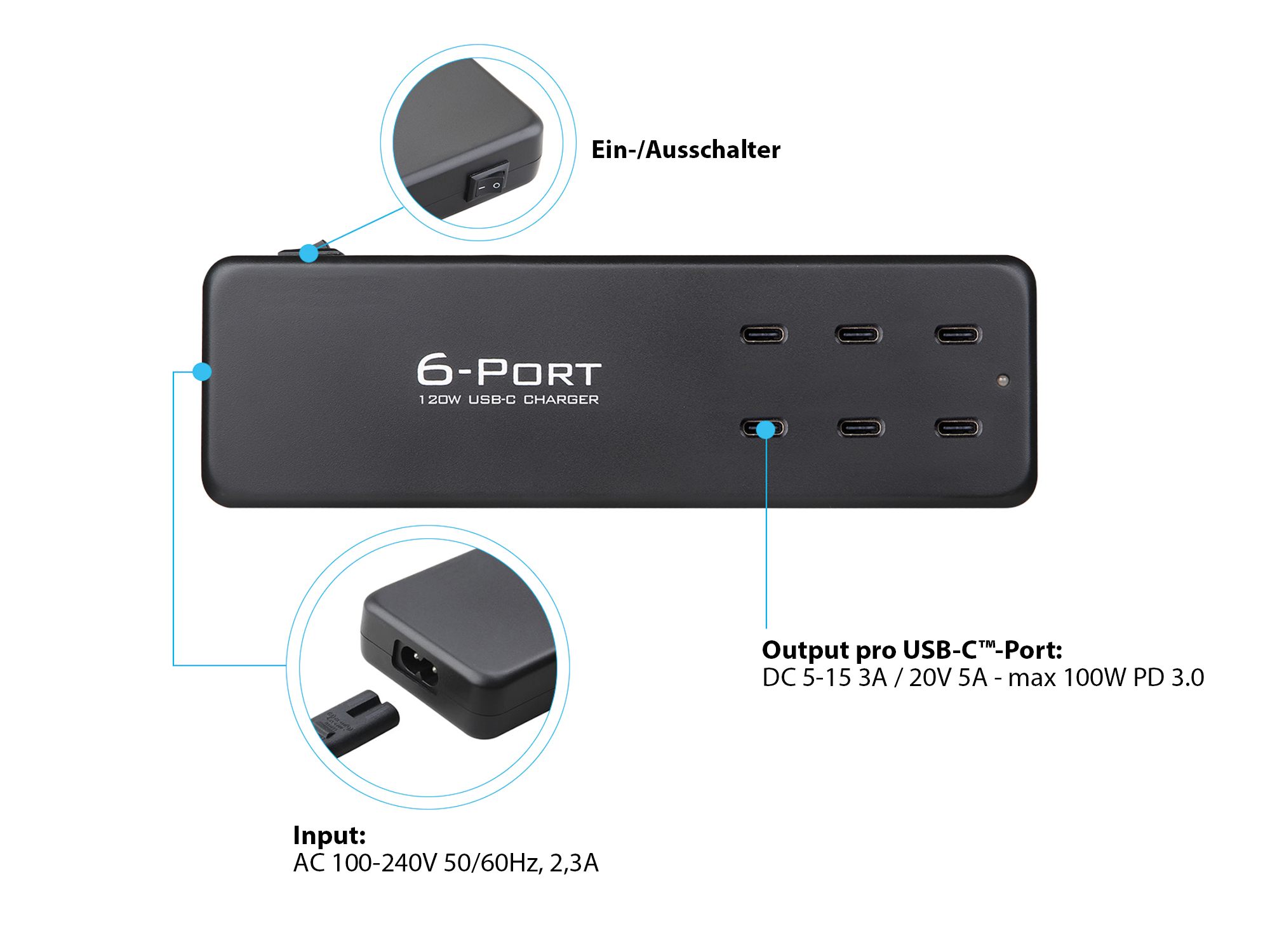 Good Connections Stazione di ricarica rapida desktop USB da 120 W, nera