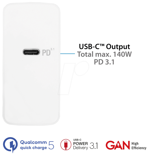 Good Connections Caricabatterie rapido USB da 140 W, bianco
