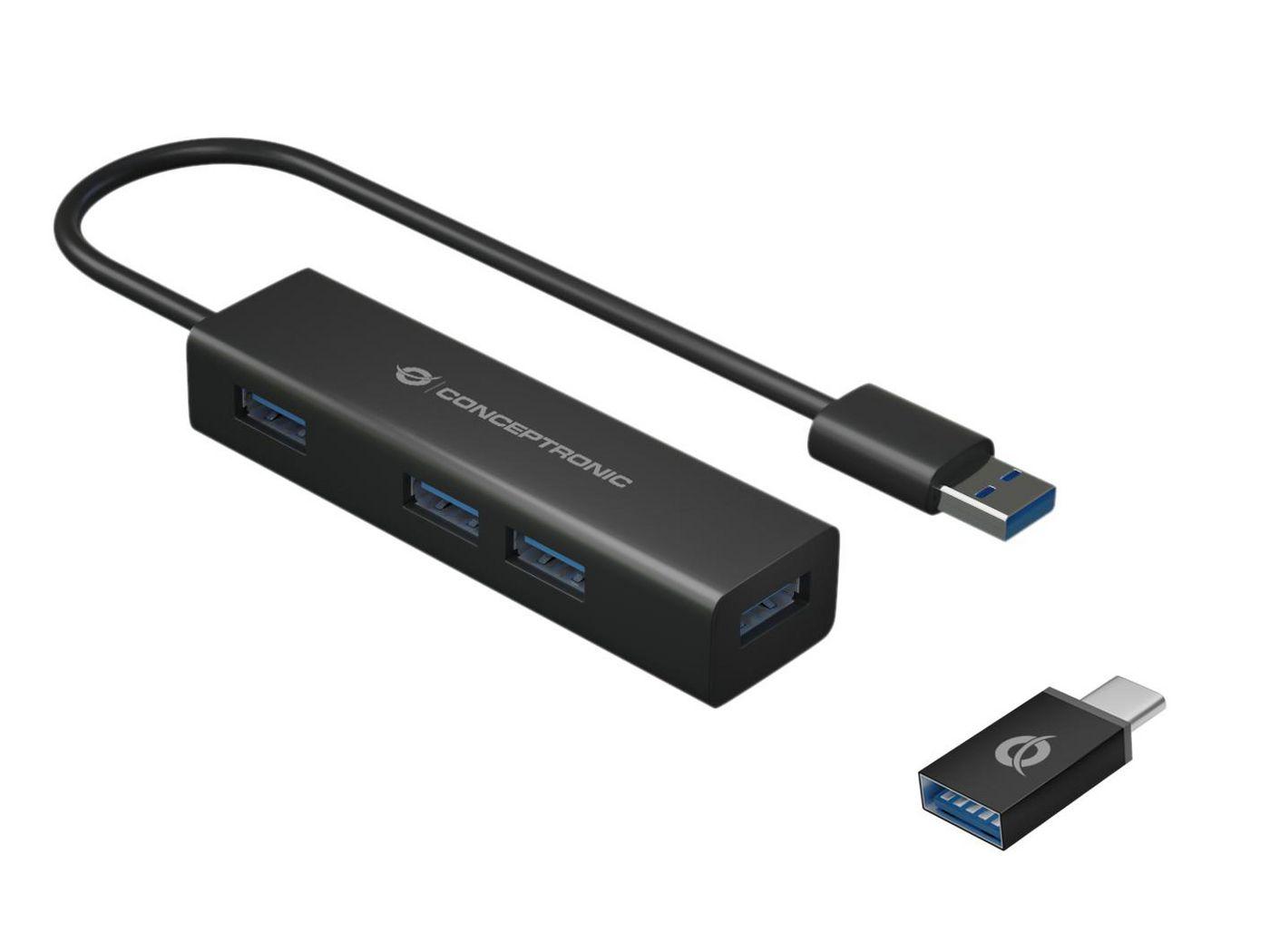 Conceptronic HUBBIES06B hub di interfaccia USB 3.2 Gen 1 3.1 Gen 1 Type-A 5000 Mbit/s Nero (4-Port Usb 3.0 Aluminum Hub - With