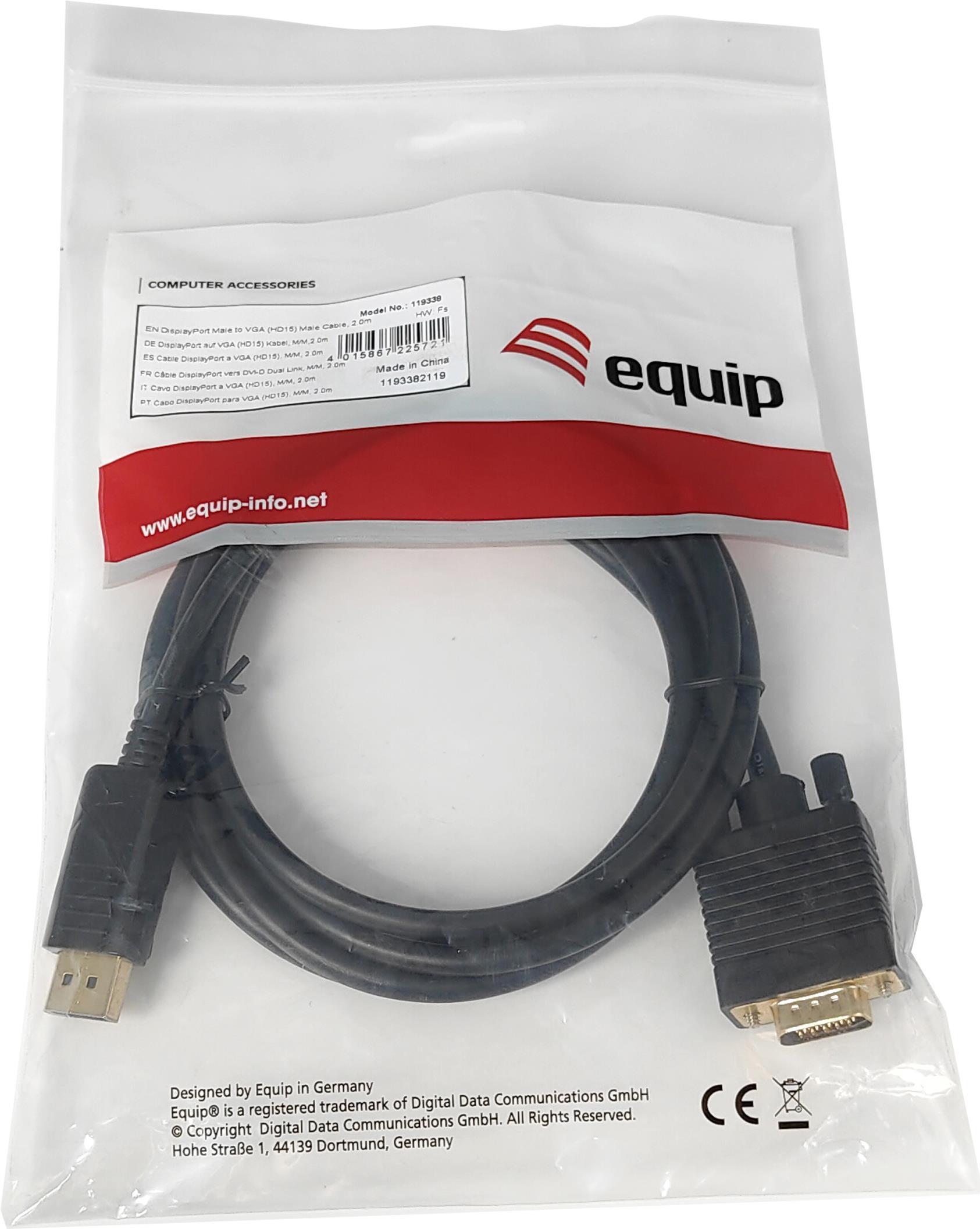 Equip 119338 cavo e adattatore video 2 m VGA D-Sub DisplayPort Nero (Equip 119338 DisplayPort Male to VGA HD15 Male Cable 2.0m.