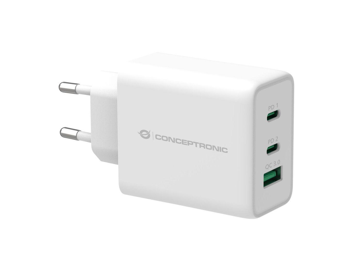 Conceptronic ALTHEA12W Caricabatterie per dispositivi mobili Bianco Interno (Althea 3-Port 65W Gan Usb Pd - Charger, Qc 3.0 - W