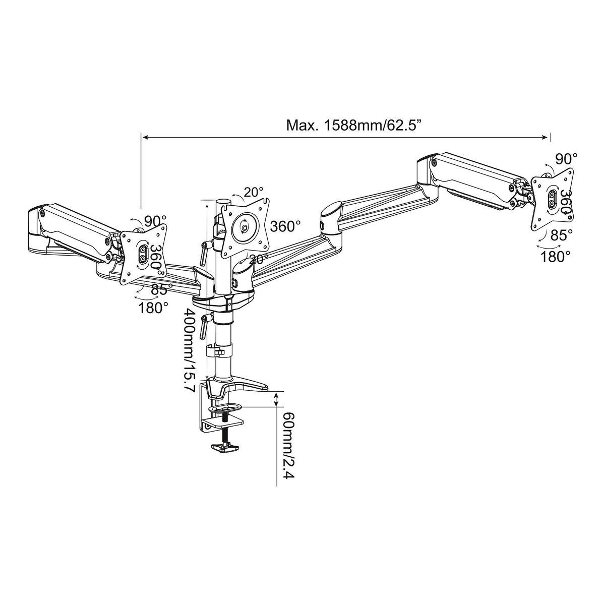 Digitus Supporto universale triplo LED/LCD da scrivania con molla a gas (TRIPPLE LED MOUNT W. GASSPRING - UP TO 27IN 3X6KG VESA
