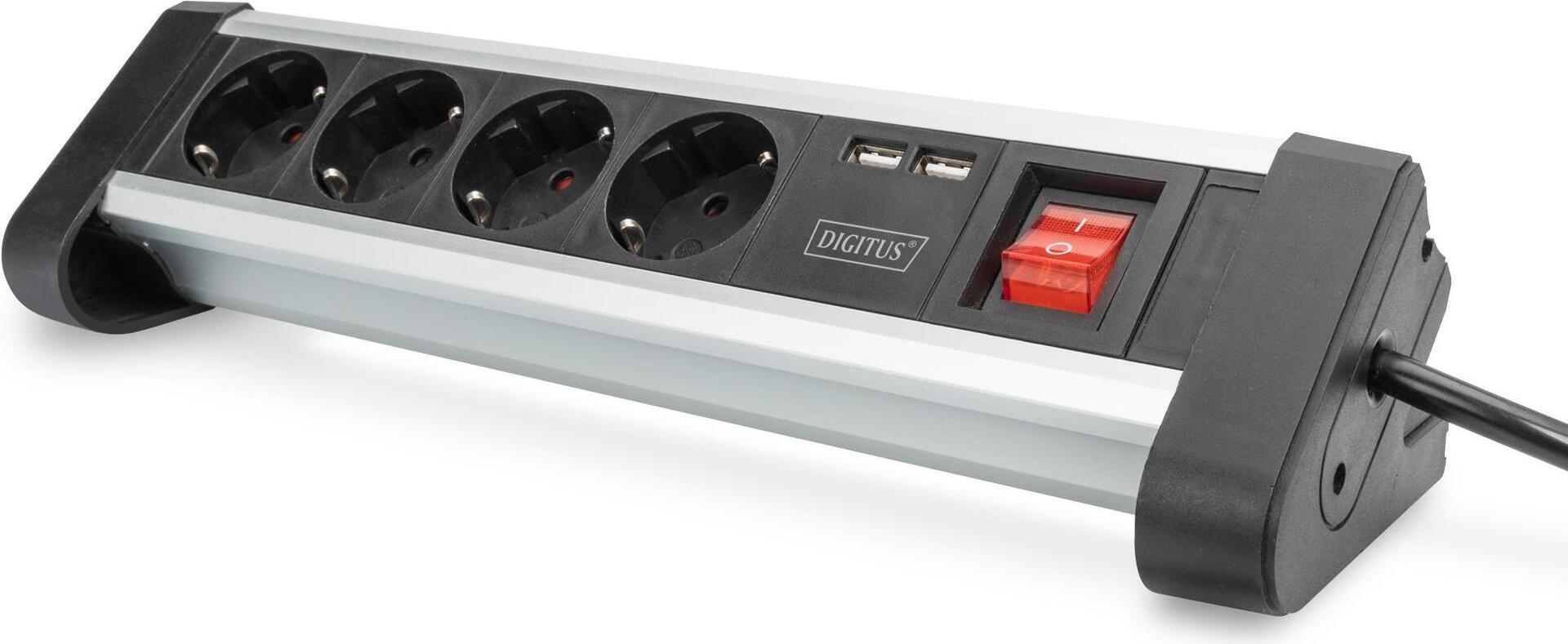 4-way Office Power Strip with 2x USB On/Off Switch - Alu-housing - USB out 5V/2A - Black/Silver