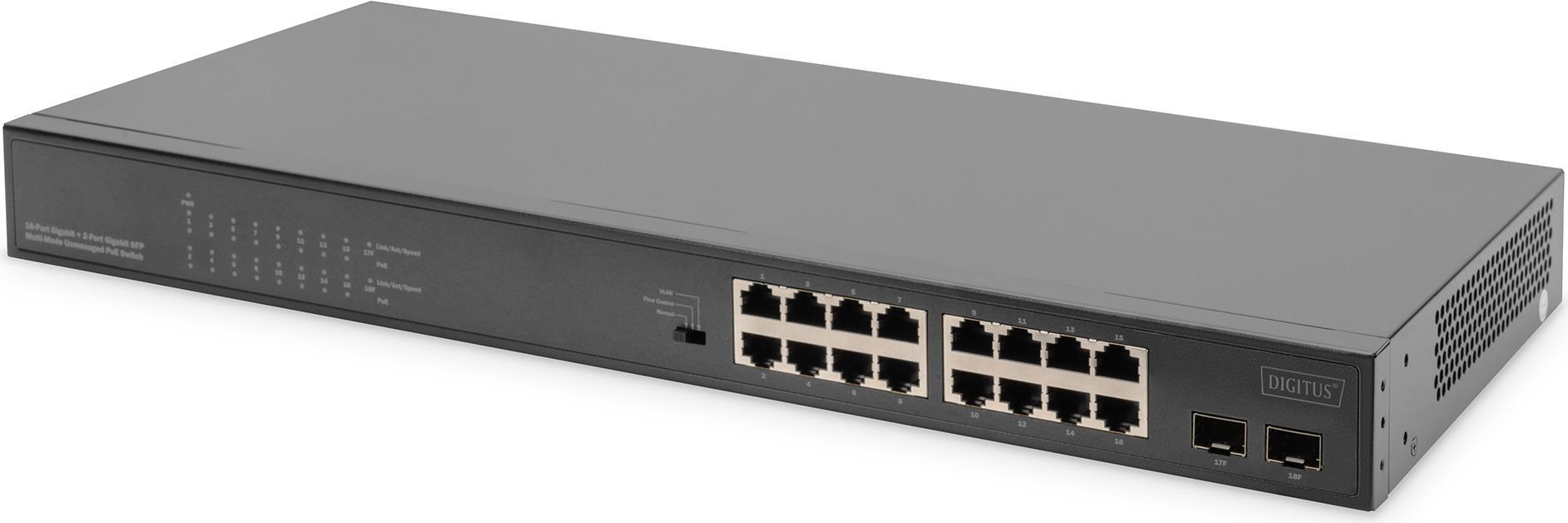 Switch 16 Porte Gigabit PoE 19" Unmanaged, 2 SFP Uplink