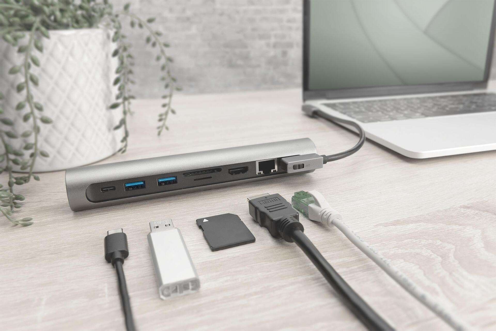 DIGITUS Supporto variabile per notebook con docking station USB-CÃ‚â„¢ pop-out a 7 porte