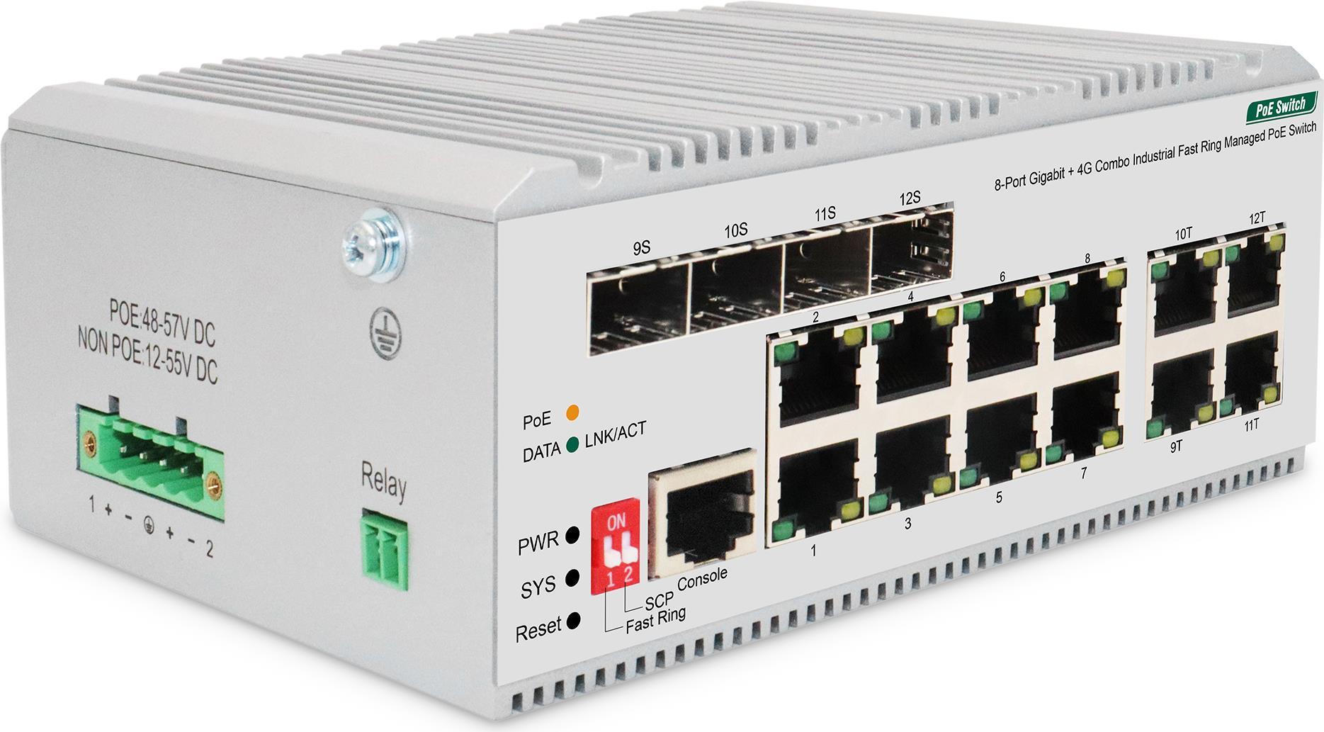 Switch PoE di rete Gigabit Ethernet a 8 porte, industriale, gestito L2, 4 Uplink SFP