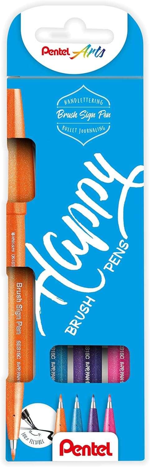 Pentel Brush Sing Pen Happy Confezione da 4 pennarelli con punta a pennello - Linee sottili o spesse a seconda della pressione