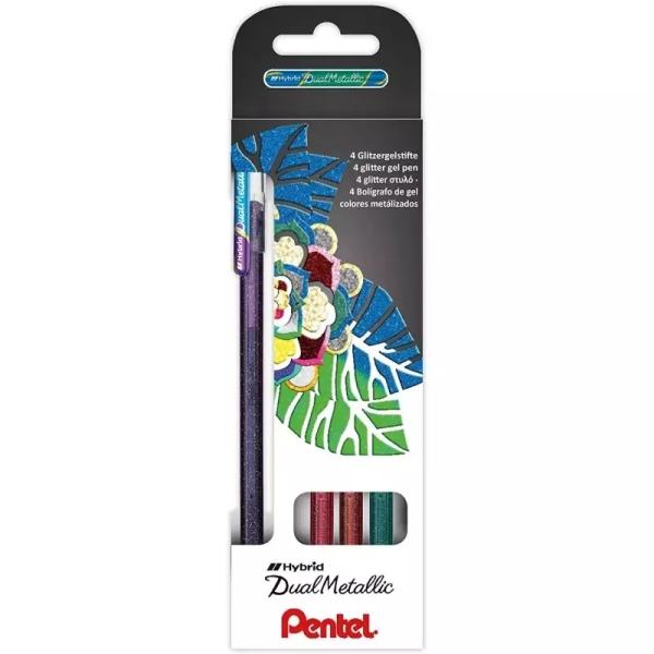 Pentel Hybrid Dual Metallic Confezione da 4 penne a sfera con inchiostro gel brillante - Punta da 1 mm - Tratto da 05 mm - Colo