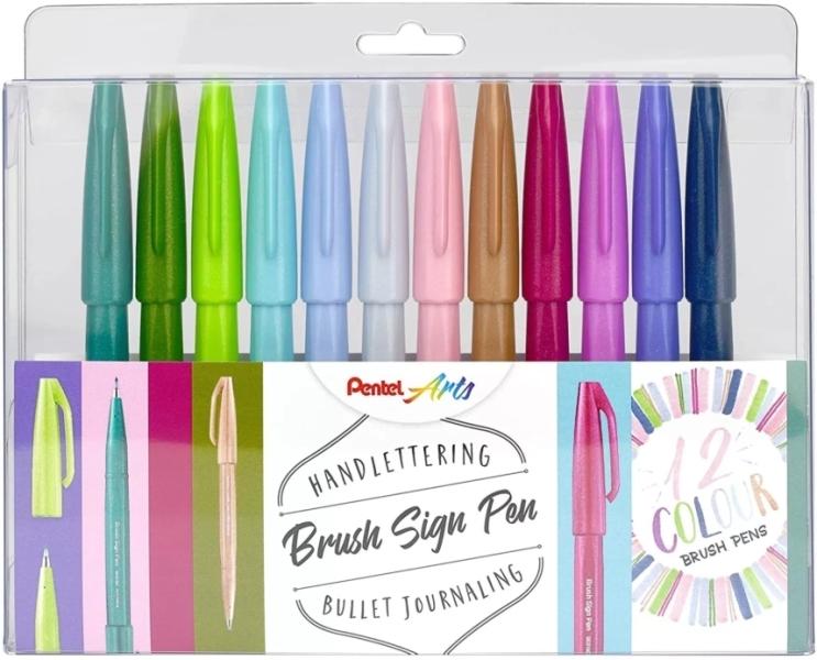 Pentel Brush Sing Pen Confezione da 12 pennarelli con punta a pennello - Linee sottili o spesse a seconda della pressione - Rea