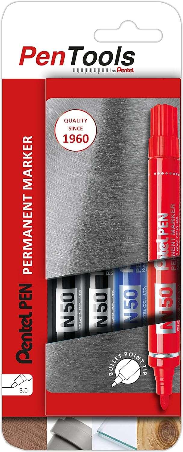 Pentel PenTools Confezione da 4 pennarelli permanenti industriali Pentel Pen N50 - Punta conica resistente e durevole - Corsa 2