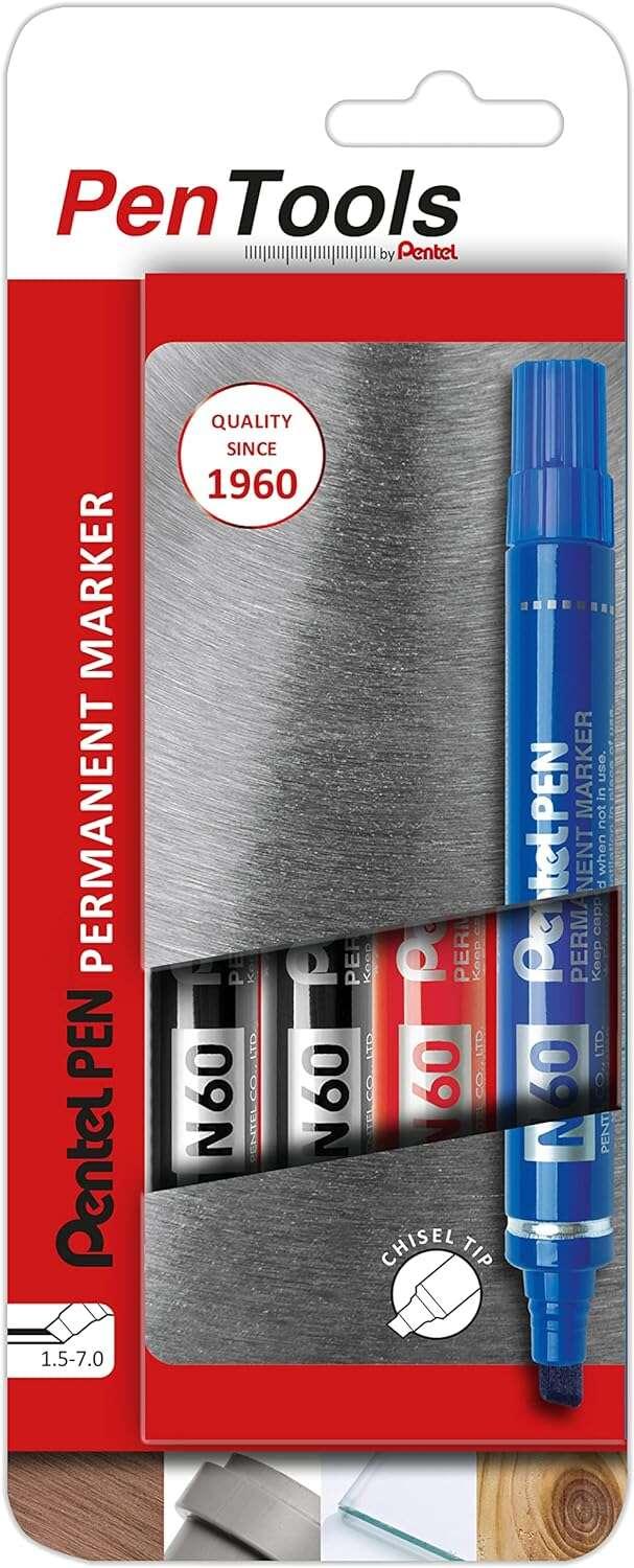 Pentel PenTools Confezione da 4 pennarelli permanenti industriali Pentel Pen N60 - Punta a scalpello resistente e durevole - Co