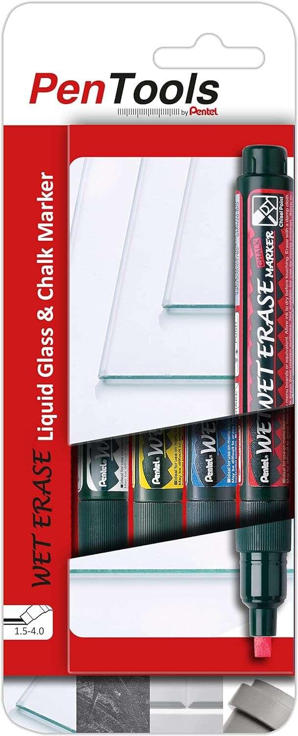 Pentel PenTools Confezione da 4 pennarelli a gesso liquido cancellabili a umido - Punta a scalpello reversibile 2-4 mm - Resist