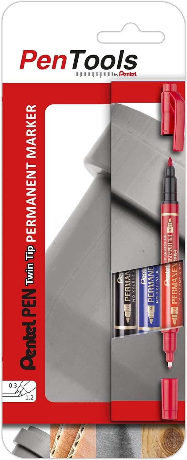 Pentel PenTools Confezione da 3 pennarelli permanenti industriali Pentel Pen Twin Tip - Doppia punta - Extra fine 06 mm e fine