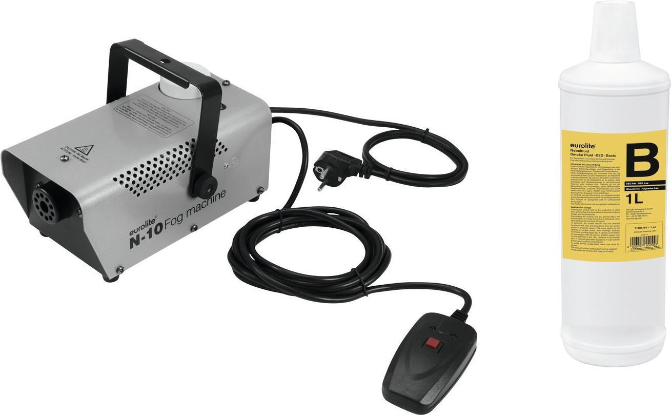 Eurolite N-10 Silver + B2D Basic Fog Machine Set incluso il telecomando via cavo, con display di livello, inclusa la staffa di
