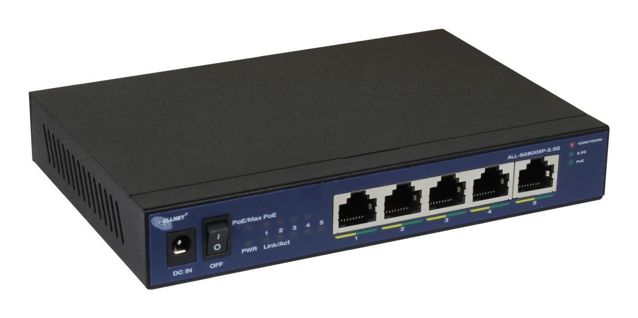 5 Port 5x 1GbE Fanless 4x PoE 30W pro Port Kompaktes Metallgehuse inkl. 5VDC/1A Netzteil enthalten Abmessung 84x48x256mm