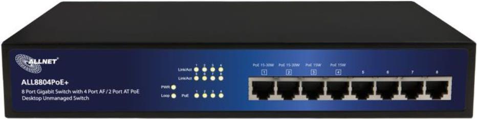 ALL8804POE+ / 8 Port Desktop Gigabit PoE Switch, wahlweise 4x IEE802.3af (max. 15,4W pro Port) oder 2x IEEE802.3at (max. 30W pr