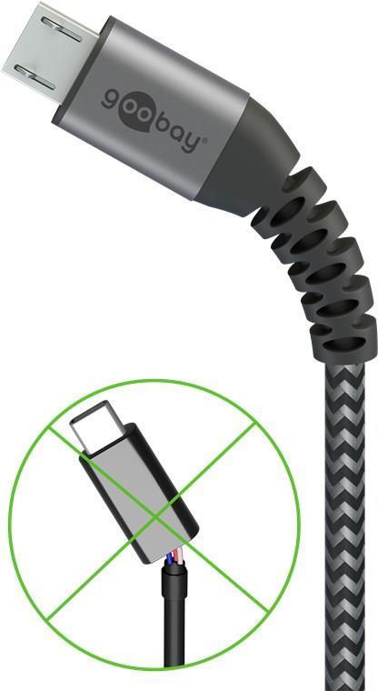 Micro-USB Goobay su cavo tessile USB-A con tappi in metallo (spazio grigio/argento) 0,5 m, 0,5 m, cavo nero e grigio-elegante e