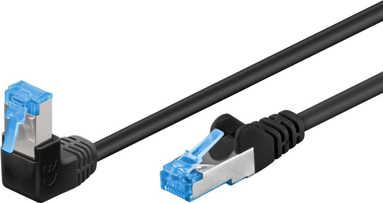CAT 6A patchcable 1x 90ÃÂ°angled, S/FTP (PiMF), black, 0.25 m - latch on top, LSZH halogen-free, copper