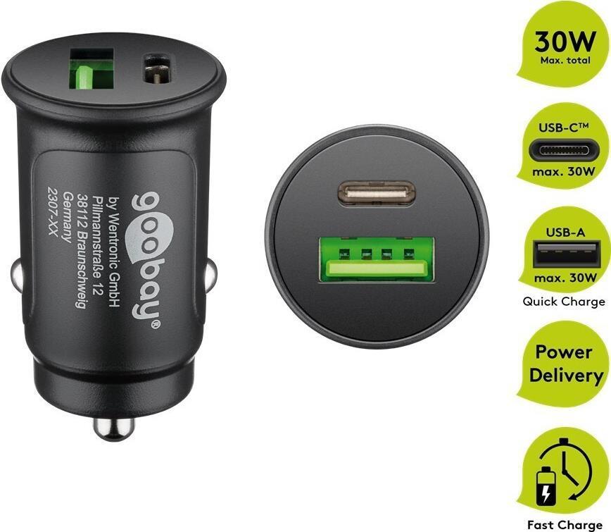Dual-USB Auto Fast Charger USB-C PD (Power Delivery) black - 27W (12/24V)suitable for devices with USB-C (Powe